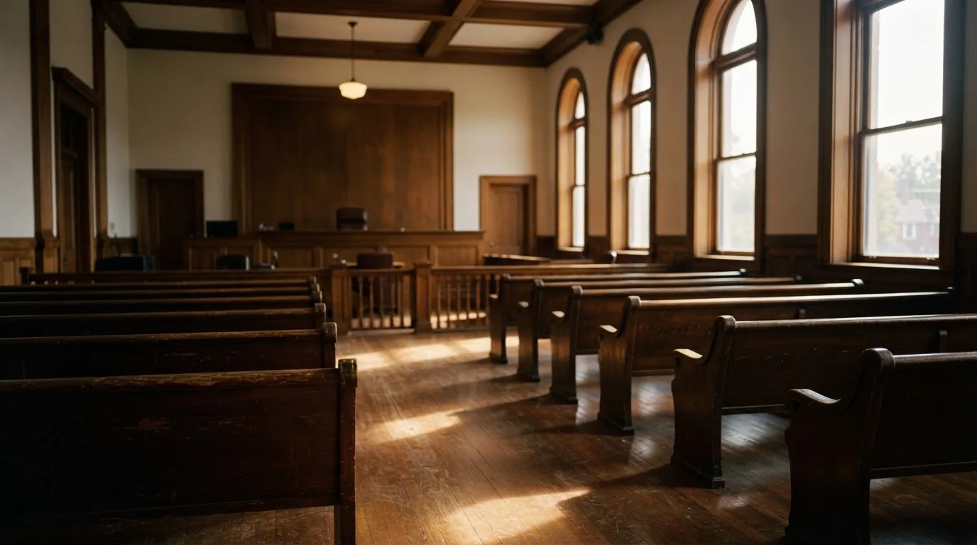 An empty courtroom with wooden benches in morning light
