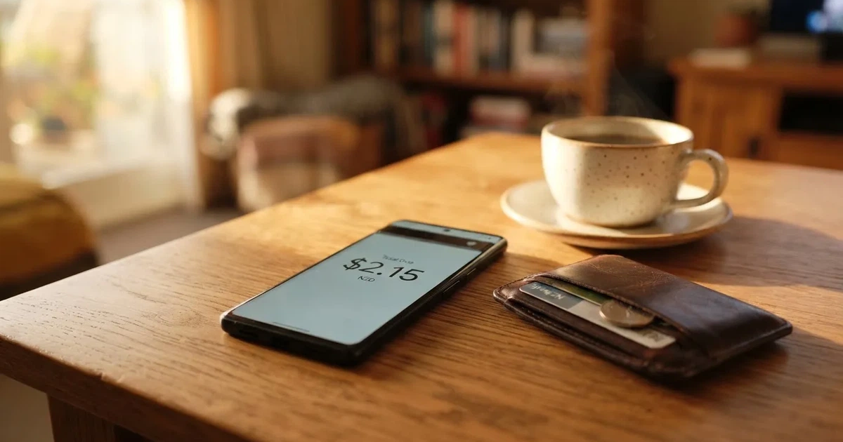 A smartphone on a wooden table beside a wallet and a coffee cup