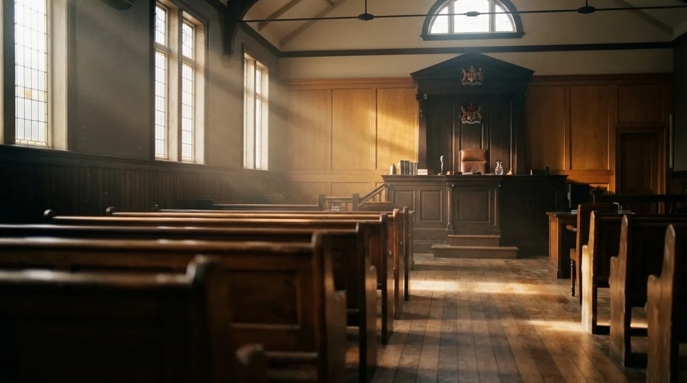 An empty courtroom with wooden benches in morning light